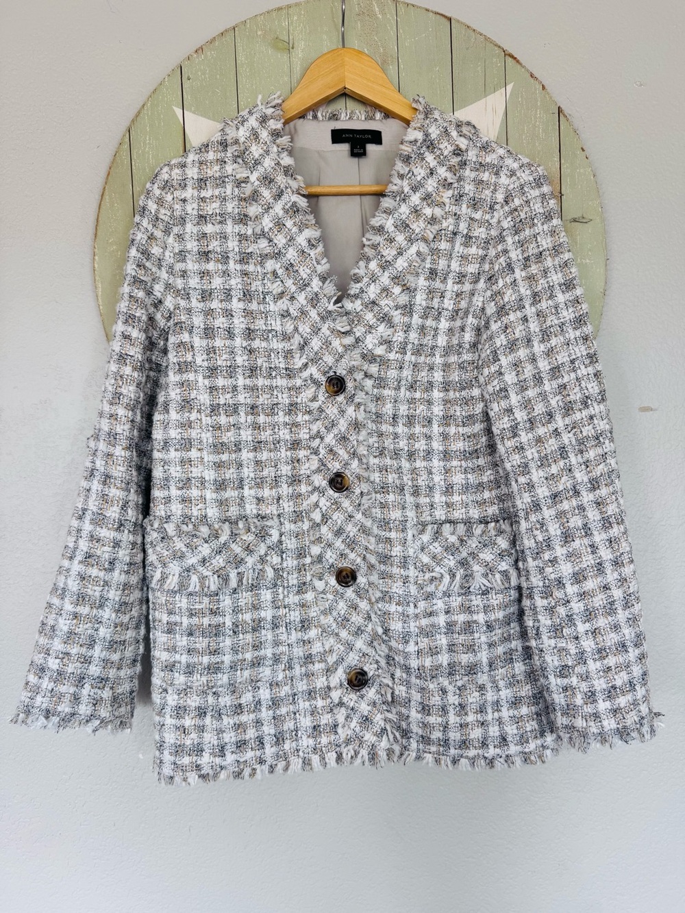 Ann Taylor tweed plaid lined blazer jacket